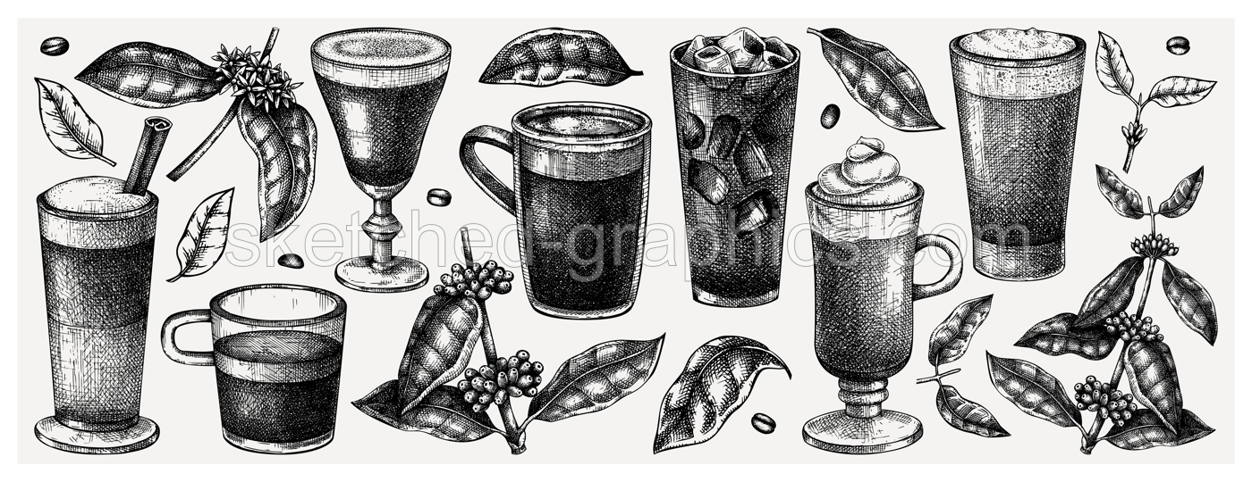 Hand-sketched coffee illustrations collection. Vector sketches of glasses and mugs with aromatic caffeine drinks. Botanical coffee plants, leaves and beans in vintage style. Vector beverages set. Illustration